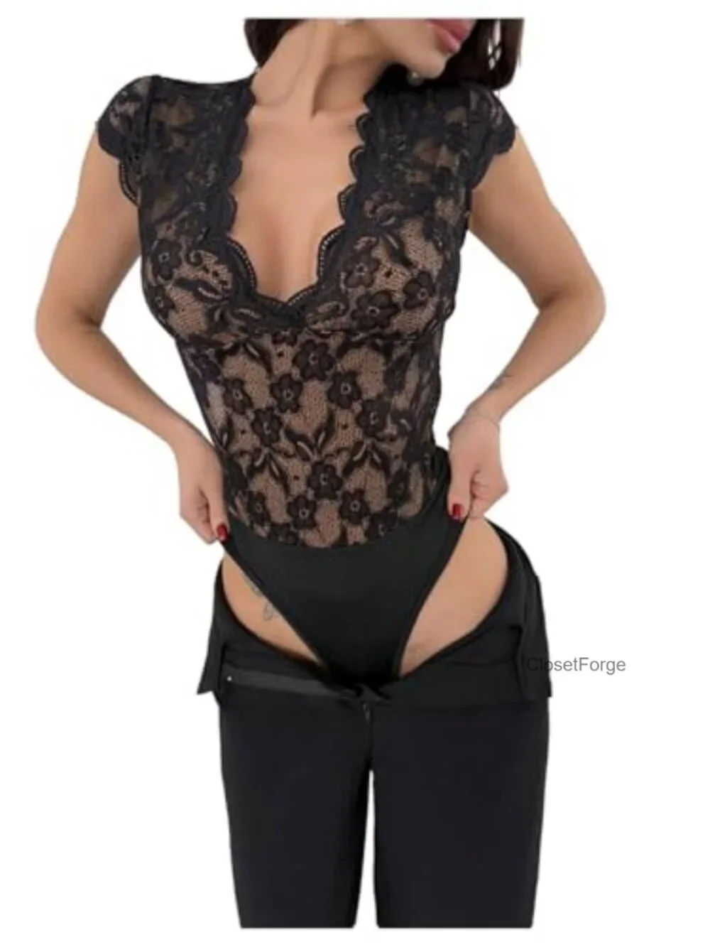 Lace Trim Backless Deep V Bodysuit Date Night Romper